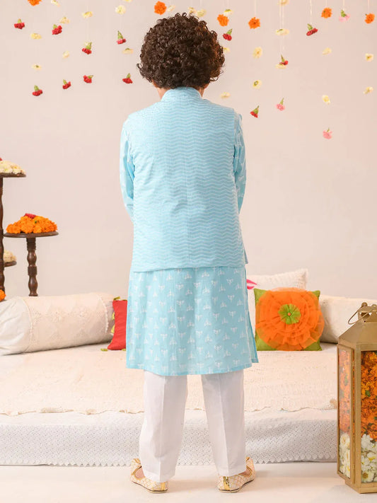 Boys Blue & White Printed Pure Cotton Straight Fit Kurta With Pyjamas & Nehru Jacket