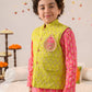 Boys Green & Mageta Ethnic Booti Print Cotton Straight Fit Kurta & Pyjama With Jacket