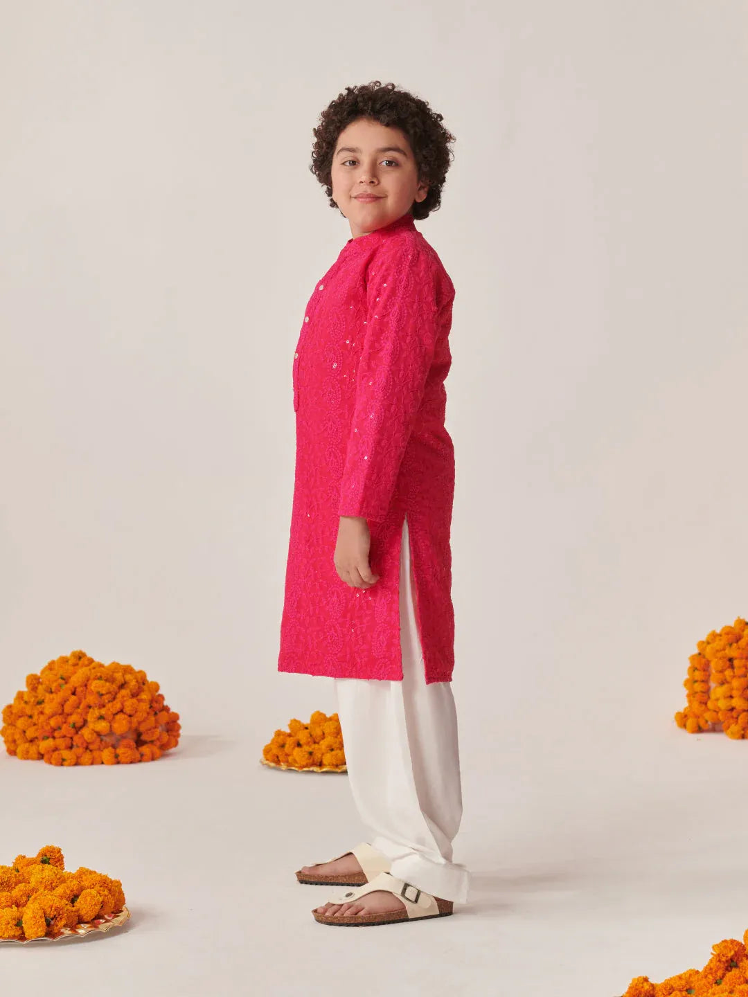 Boys Ethnic Magenta & White Embroidered Georgette Straight Fit Kurta Pyjama Set