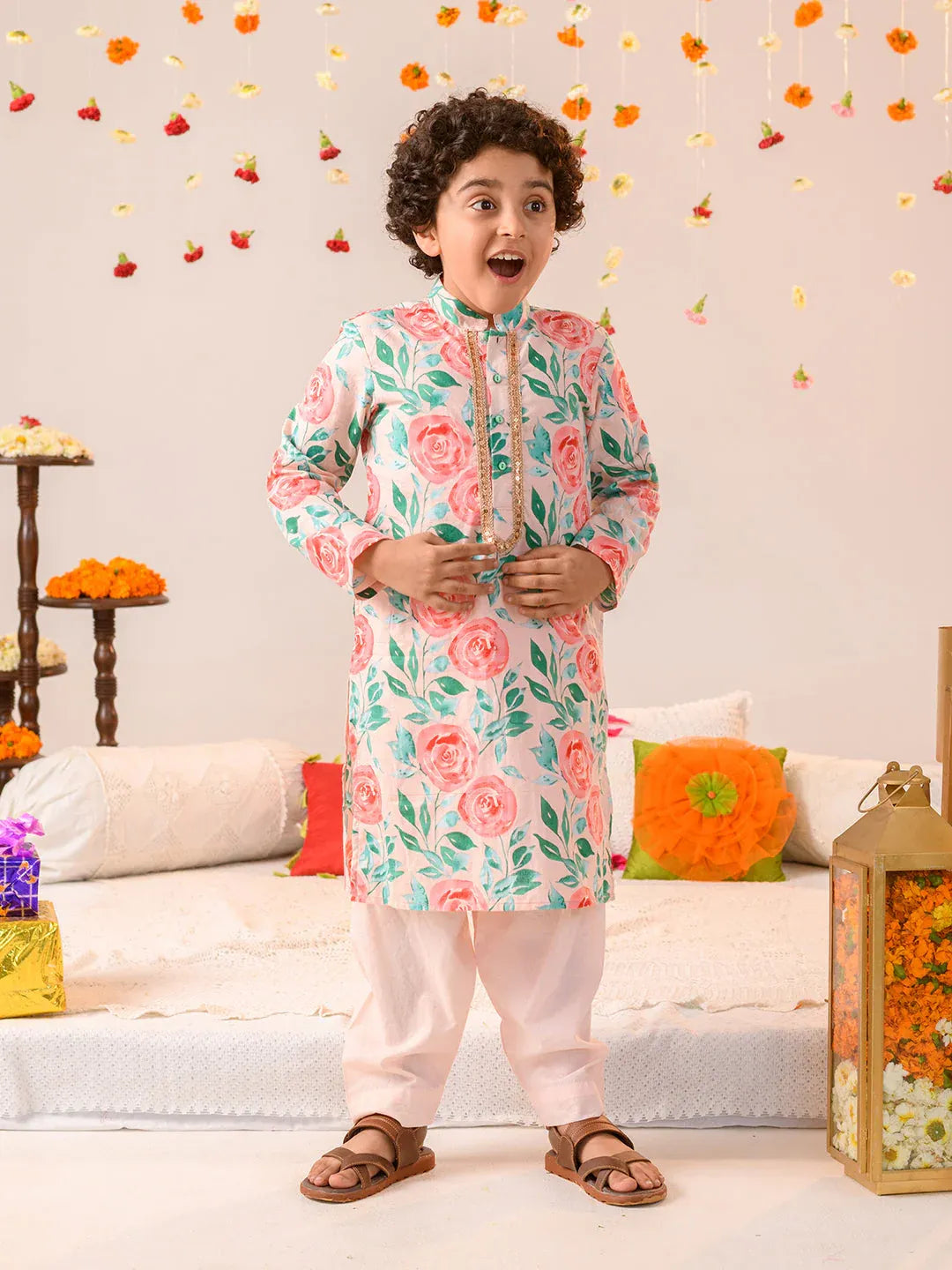 Boys Multi Ethnic Floral Print Cotton Straight Fit Kurta With Pyjama Set