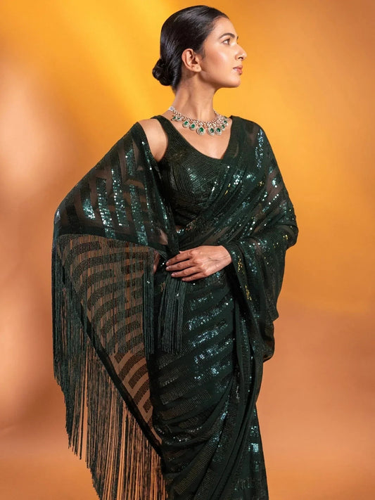 Green Sequins Georgette Party Wear Saree With Blouse