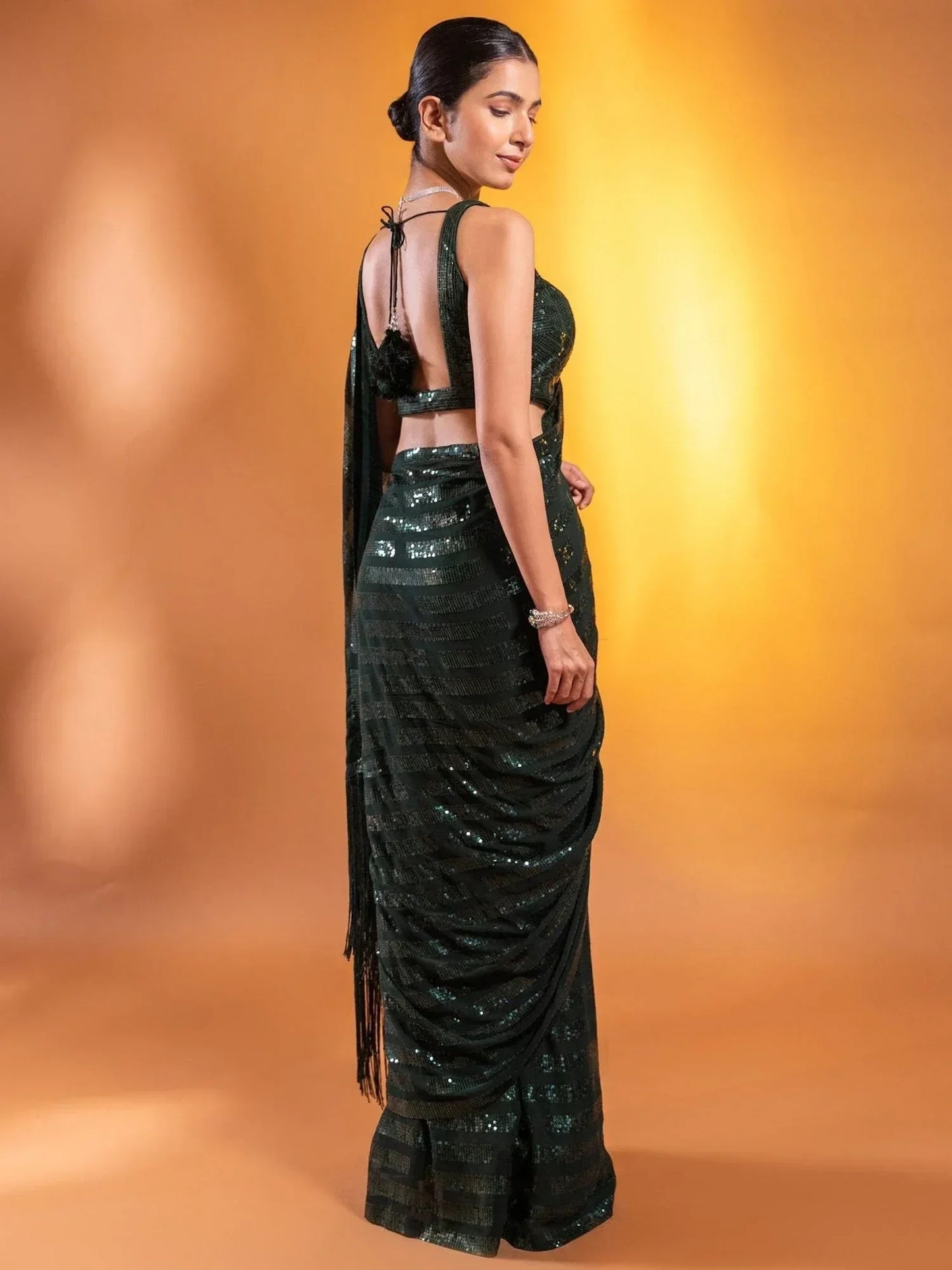 Green Sequins Georgette Party Wear Saree With Blouse