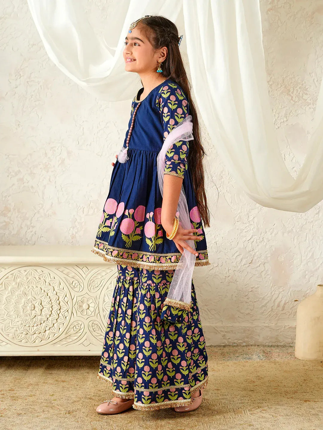 Girls Blue Ethnic Floral Print Cotton A-Line Kurta & Sharara With Dupatta