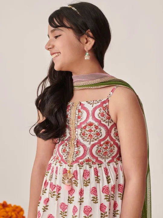 Girls White Ethnic Booti Pattern Cotton A-Line Kurta & Sharara With Dupatta Set