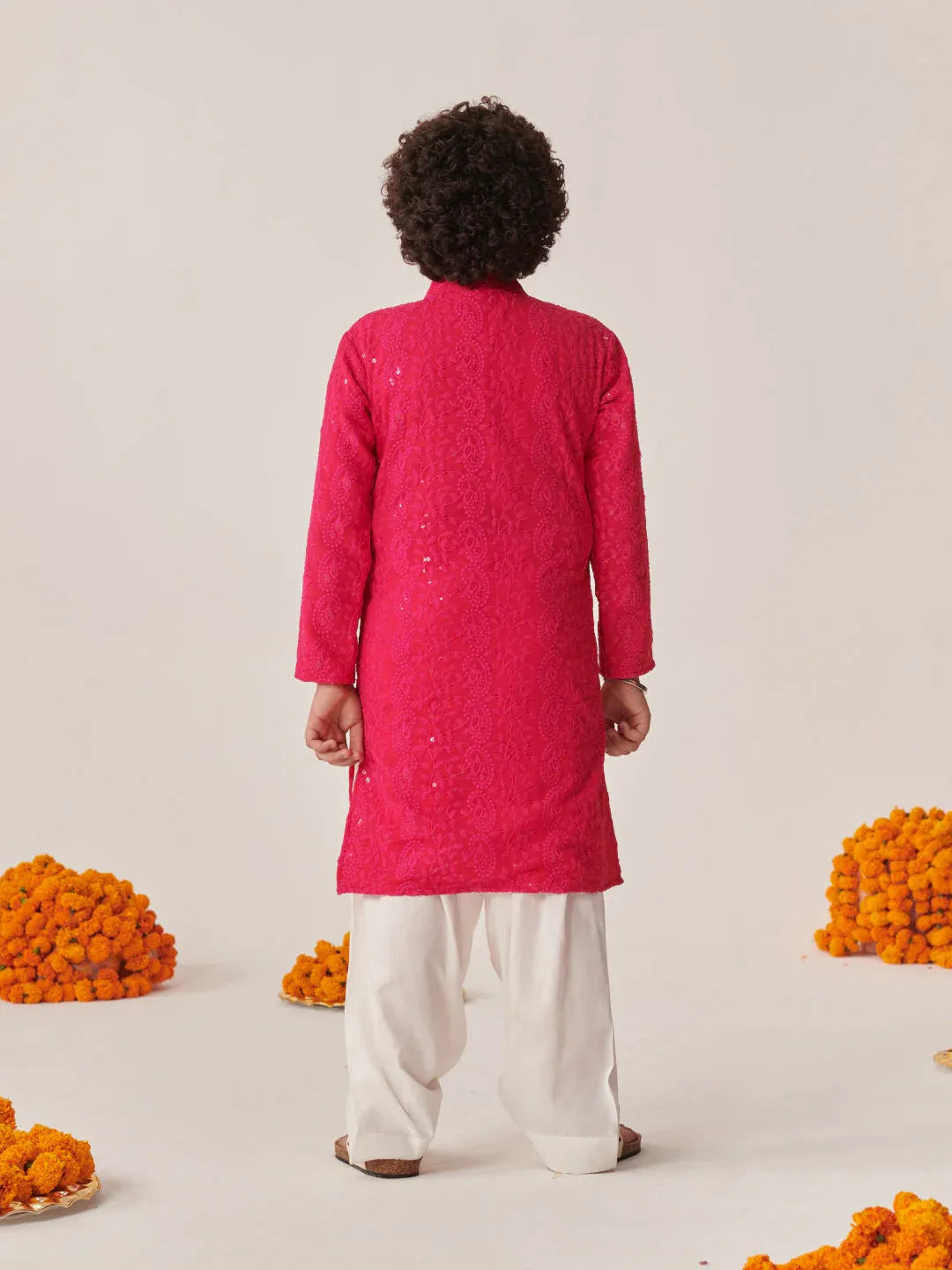 Boys Ethnic Magenta & White Embroidered Georgette Straight Fit Kurta Pyjama Set