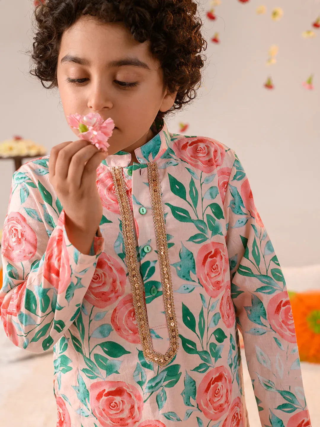 Boys Multi Ethnic Floral Print Cotton Straight Fit Kurta With Pyjama Set