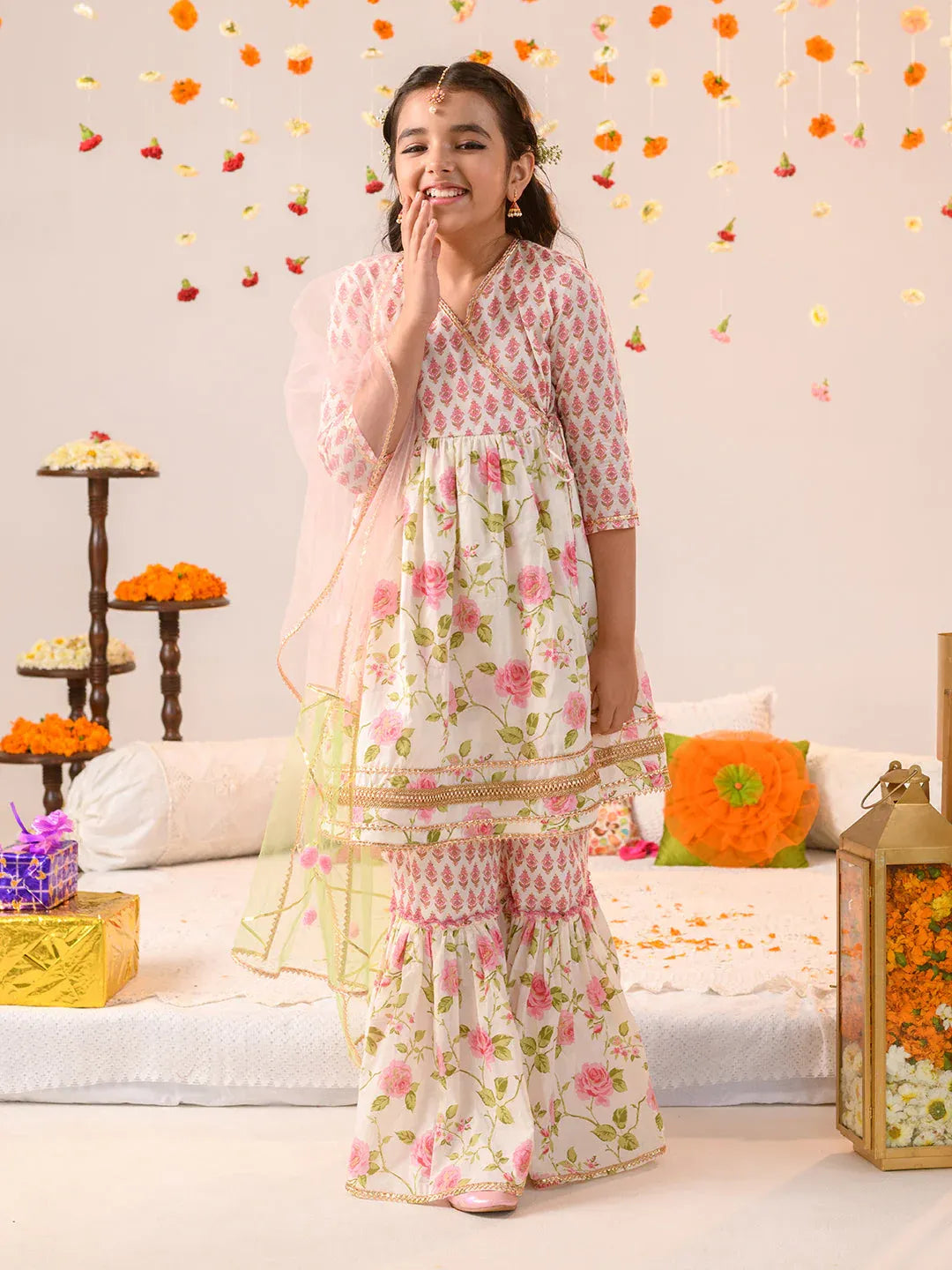 Girls Pink off white Floral Foil Printed Pure Cotton A-Line Kurta with Sharara & Dupatta