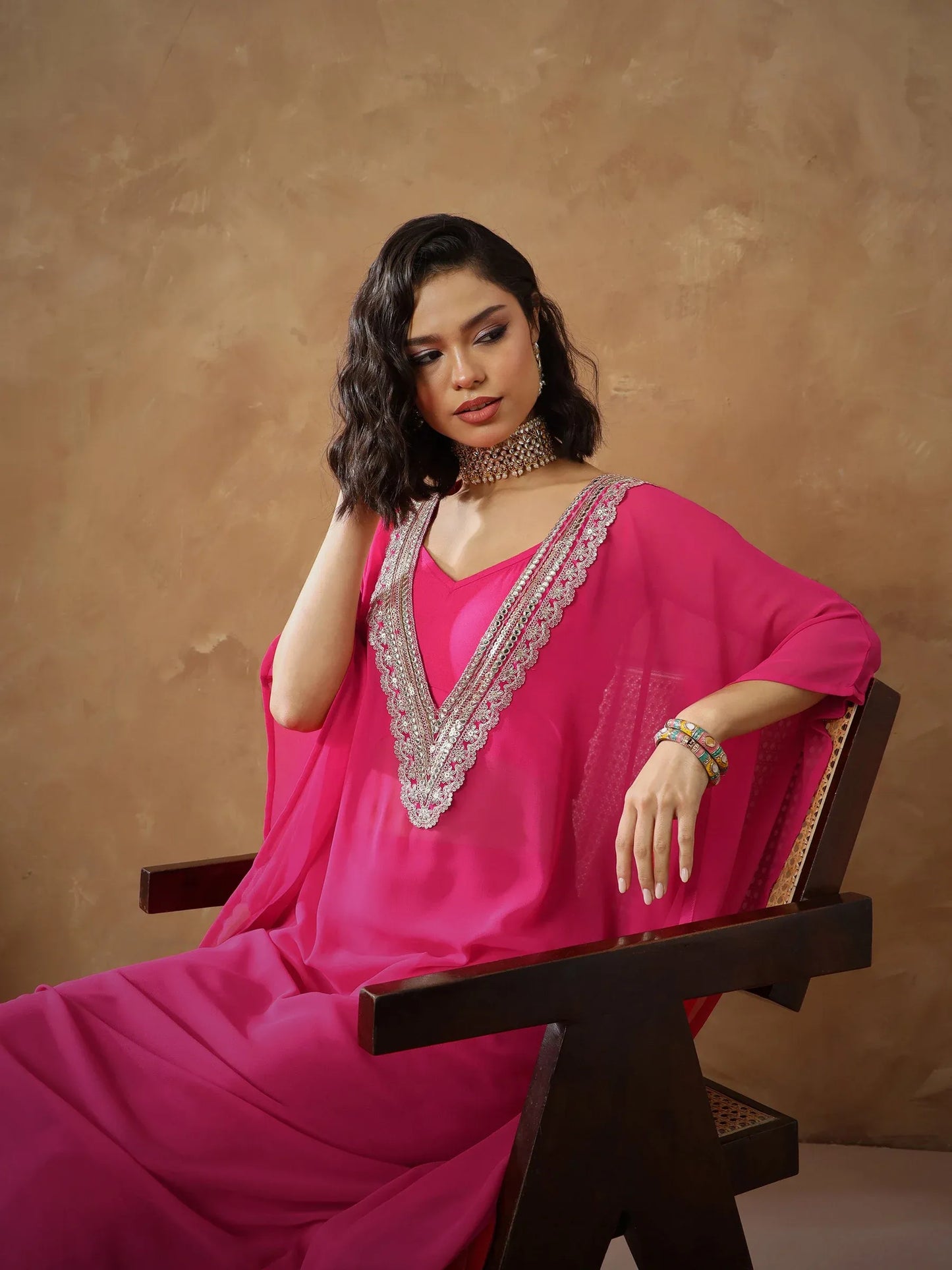 Women Embroidered Kaftan With Cami & Straight Pants