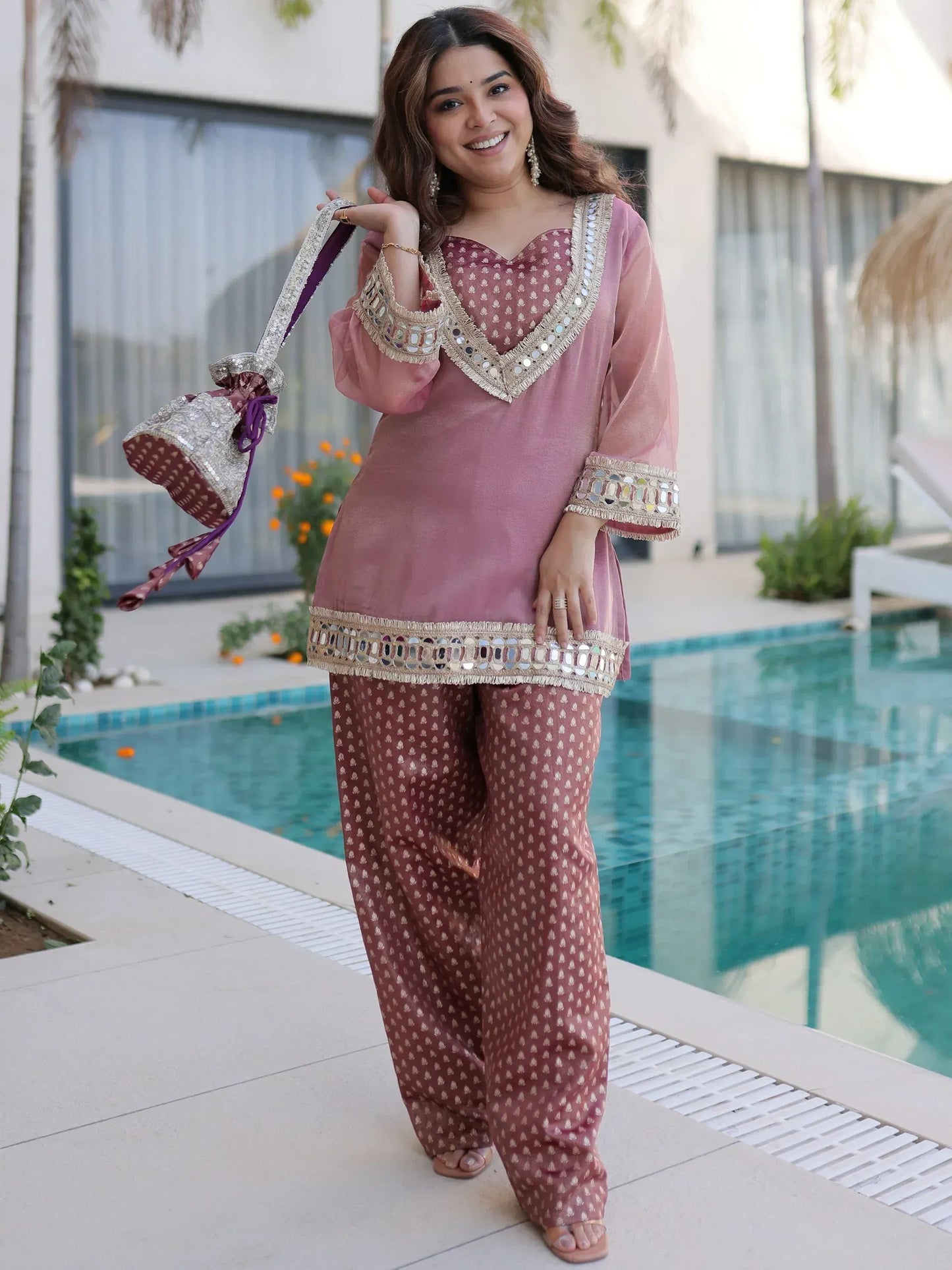 Fabulous Mirror Work Organza Function Wear Top With Palazzo