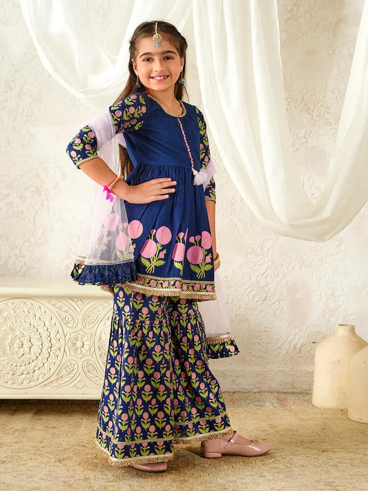 Girls Blue Ethnic Floral Print Cotton A-Line Kurta & Sharara With Dupatta
