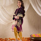 Girls Purple & Golden Embroidered Velvet A-Line Kurta & Dhoti With Dupatta