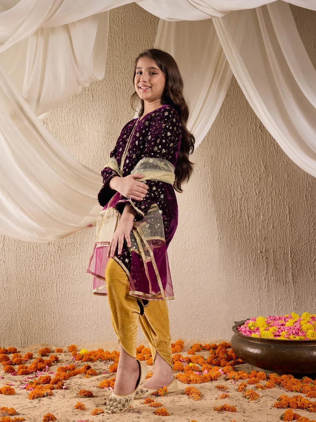 Girls Purple & Golden Embroidered Velvet A-Line Kurta & Dhoti With Dupatta