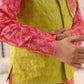 Boys Green & Mageta Ethnic Booti Print Cotton Straight Fit Kurta & Pyjama With Jacket