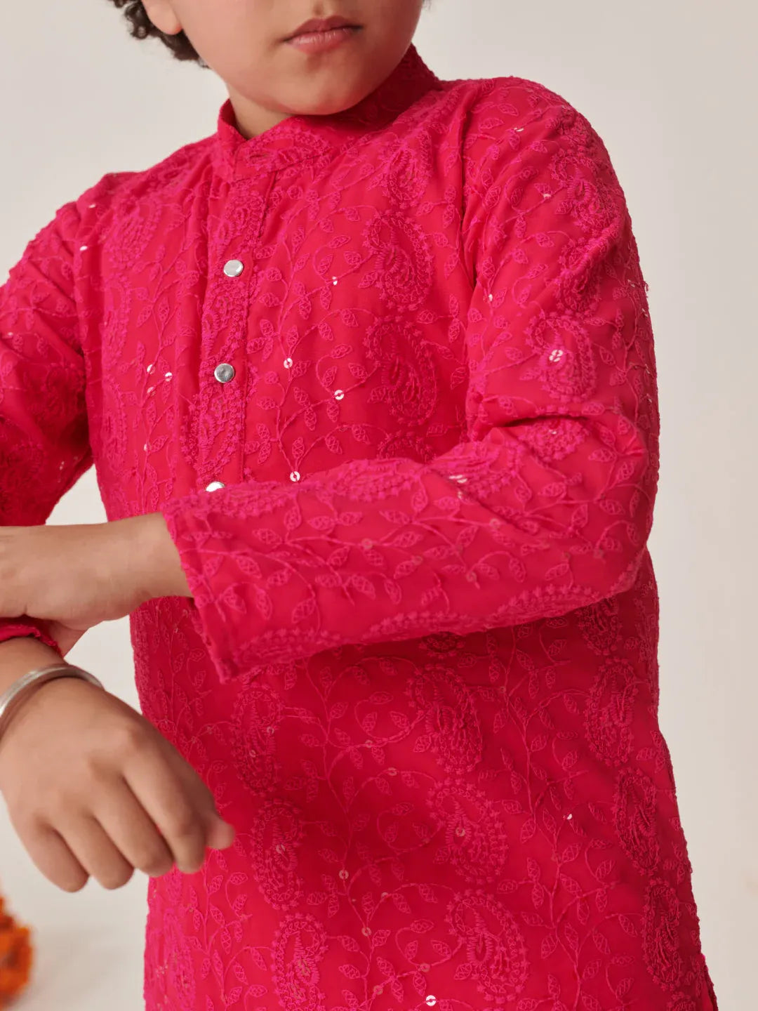 Boys Ethnic Magenta & White Embroidered Georgette Straight Fit Kurta Pyjama Set
