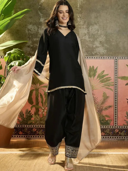 Women Cotton Embroidered Straight Kurta And Farshi Salwar With Dupatta Set