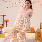 Girls Pink off white Floral Foil Printed Pure Cotton A-Line Kurta with Sharara & Dupatta