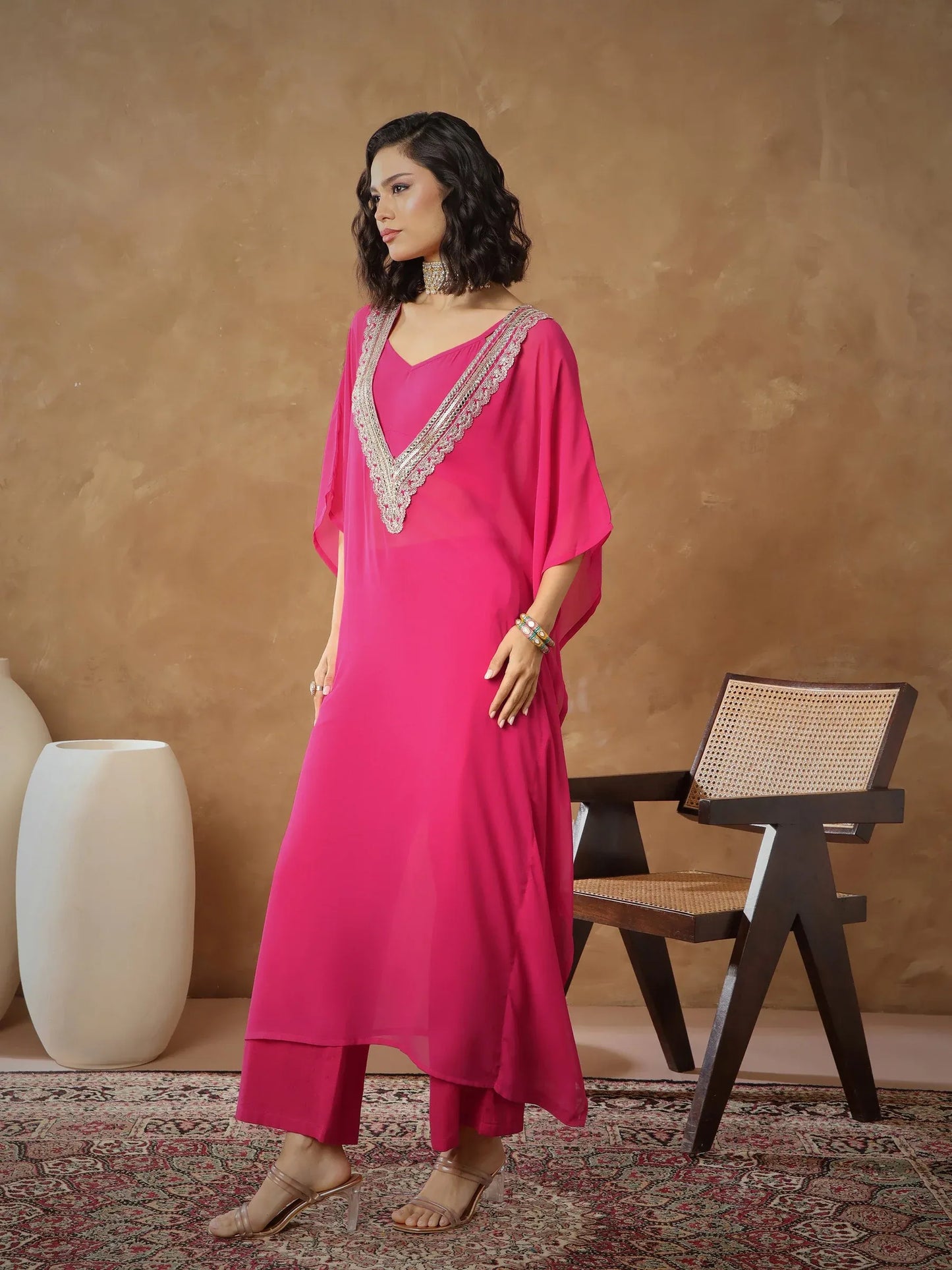 Women Embroidered Kaftan With Cami & Straight Pants