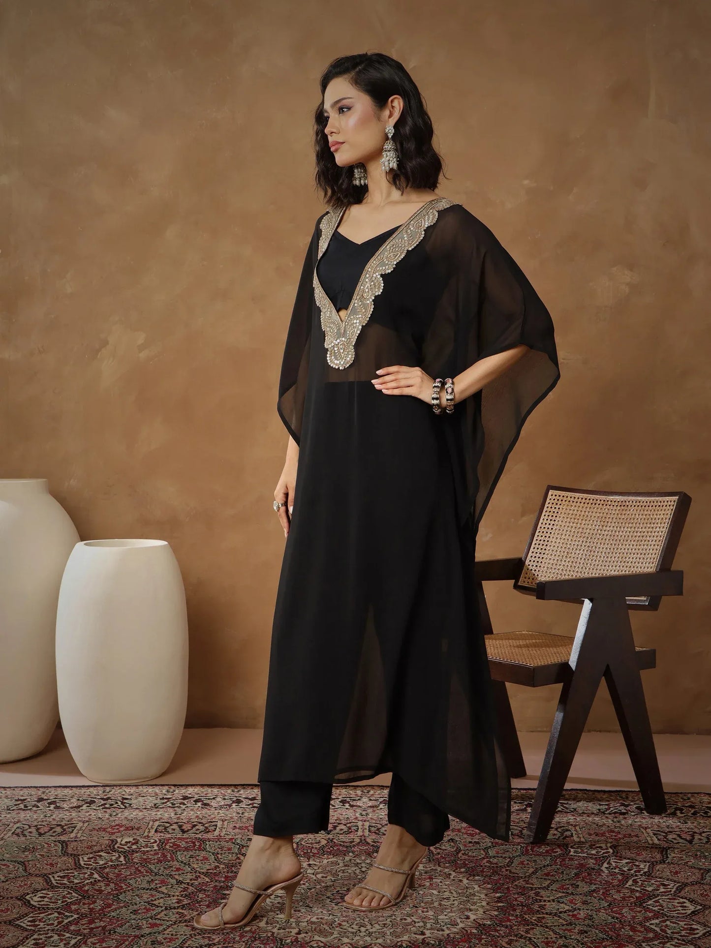 Women Embroidered Kaftan With Cami & Straight Pants