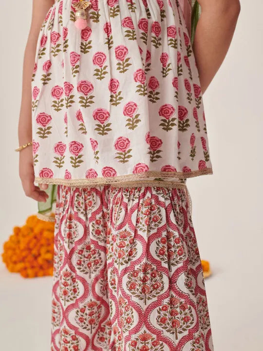 Girls White Ethnic Booti Pattern Cotton A-Line Kurta & Sharara With Dupatta Set