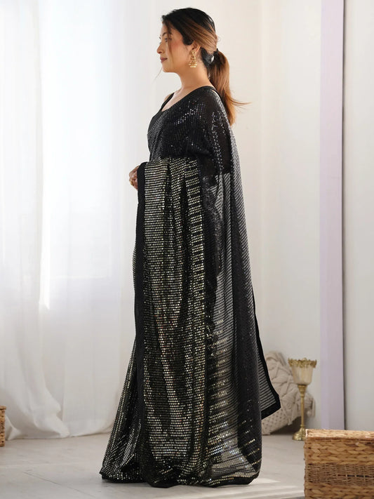 Glamorous Black Sequins Georgette Reception Wear Saree With Blouse