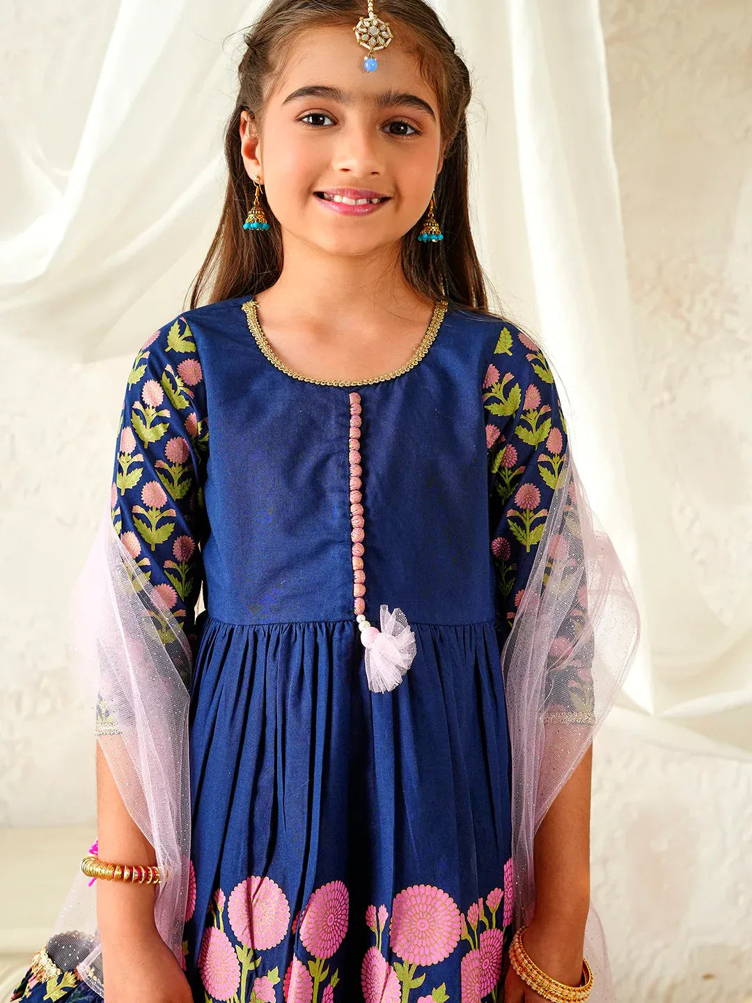 Girls Blue Ethnic Floral Print Cotton A-Line Kurta & Sharara With Dupatta