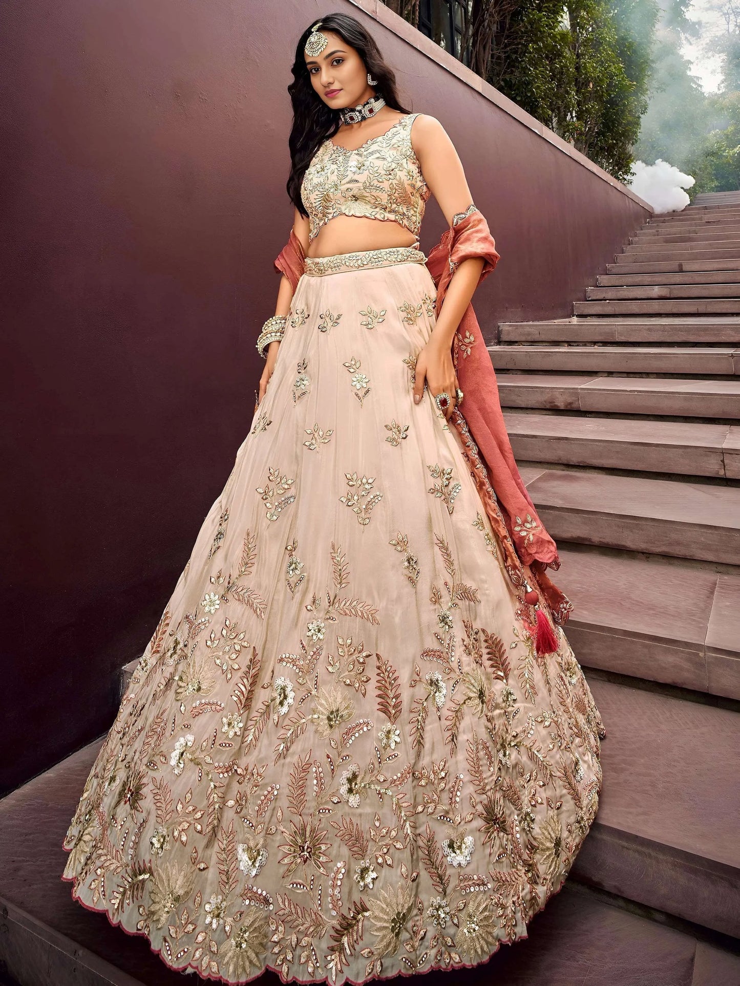 Precious Soft Beige Embroidered Silk Wedding Wear Lehenga Choli