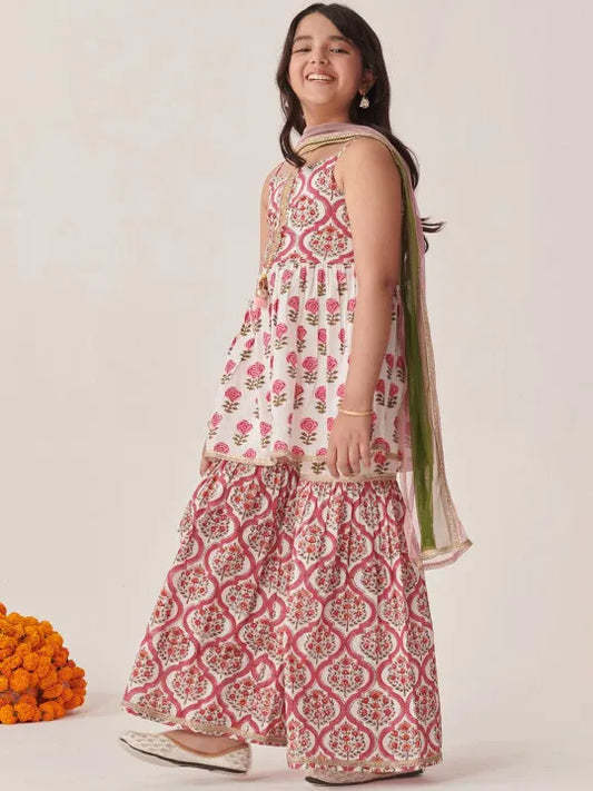 Girls White Ethnic Booti Pattern Cotton A-Line Kurta & Sharara With Dupatta Set