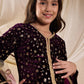 Girls Purple & Golden Embroidered Velvet A-Line Kurta & Dhoti With Dupatta