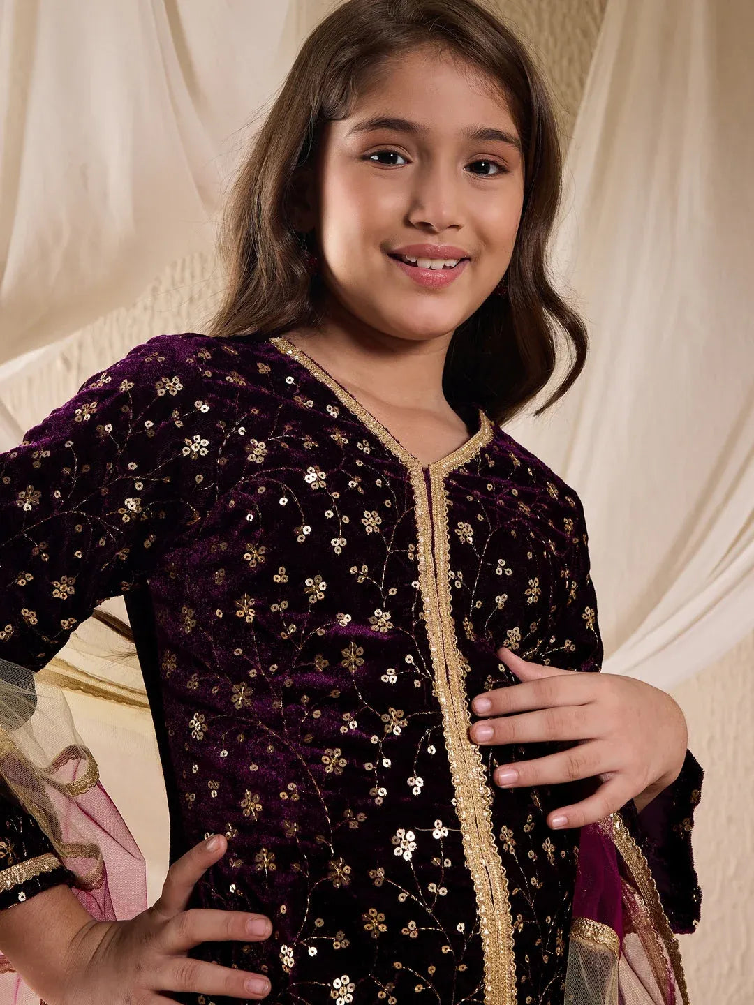 Girls Purple & Golden Embroidered Velvet A-Line Kurta & Dhoti With Dupatta