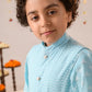 Boys Blue & White Printed Pure Cotton Straight Fit Kurta With Pyjamas & Nehru Jacket