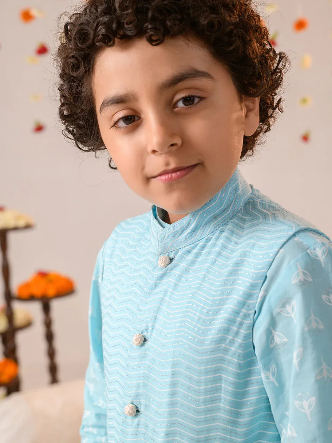 Boys Blue & White Printed Pure Cotton Straight Fit Kurta With Pyjamas & Nehru Jacket