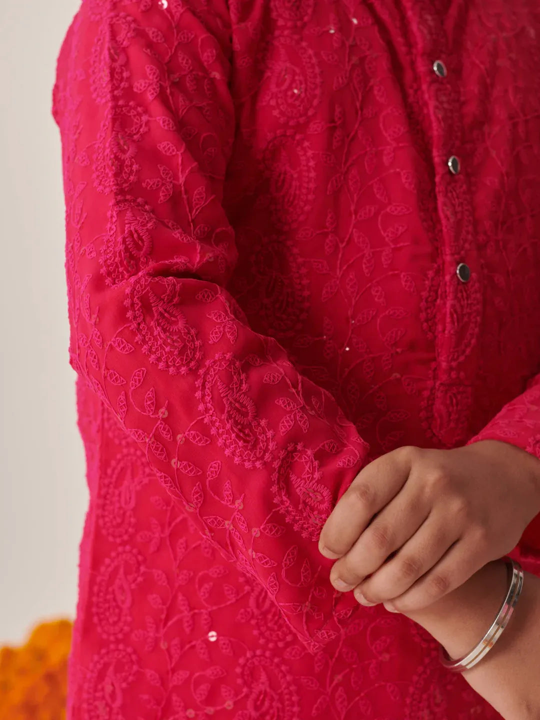 Boys Ethnic Magenta & White Embroidered Georgette Straight Fit Kurta Pyjama Set