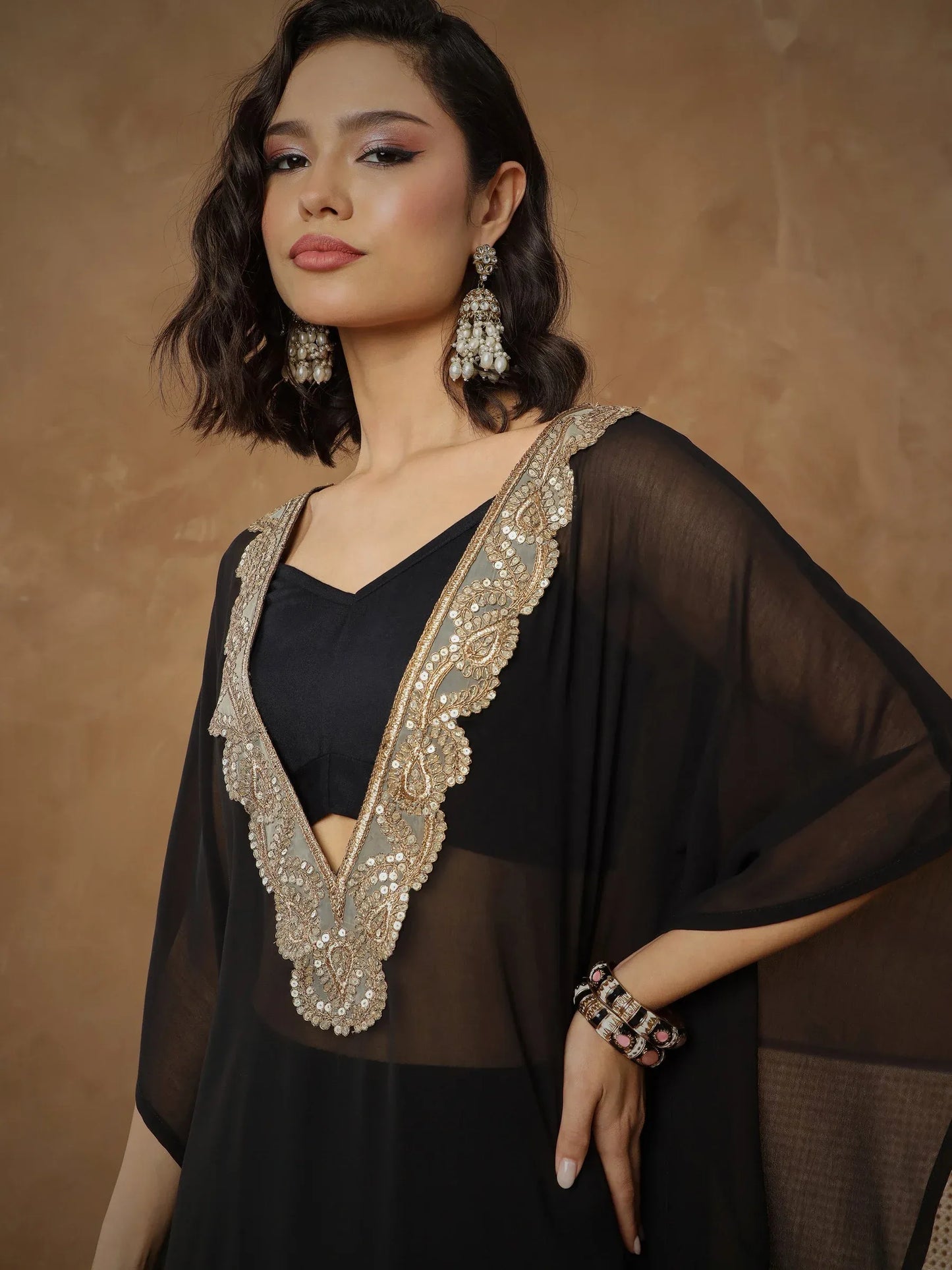 Women Embroidered Kaftan With Cami & Straight Pants
