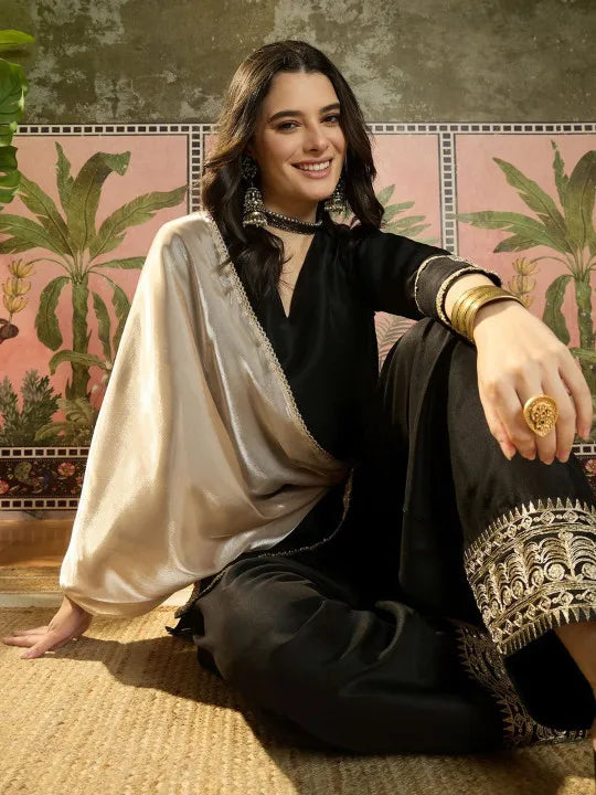 Women Cotton Embroidered Straight Kurta And Farshi Salwar With Dupatta Set