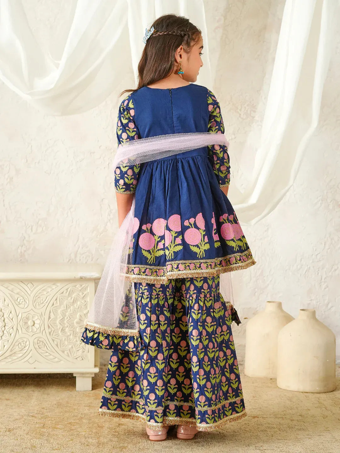 Girls Blue Ethnic Floral Print Cotton A-Line Kurta & Sharara With Dupatta