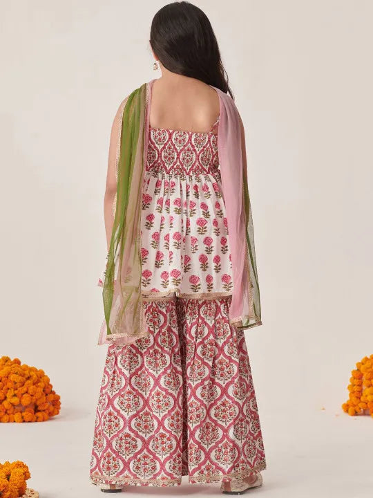 Girls White Ethnic Booti Pattern Cotton A-Line Kurta & Sharara With Dupatta Set
