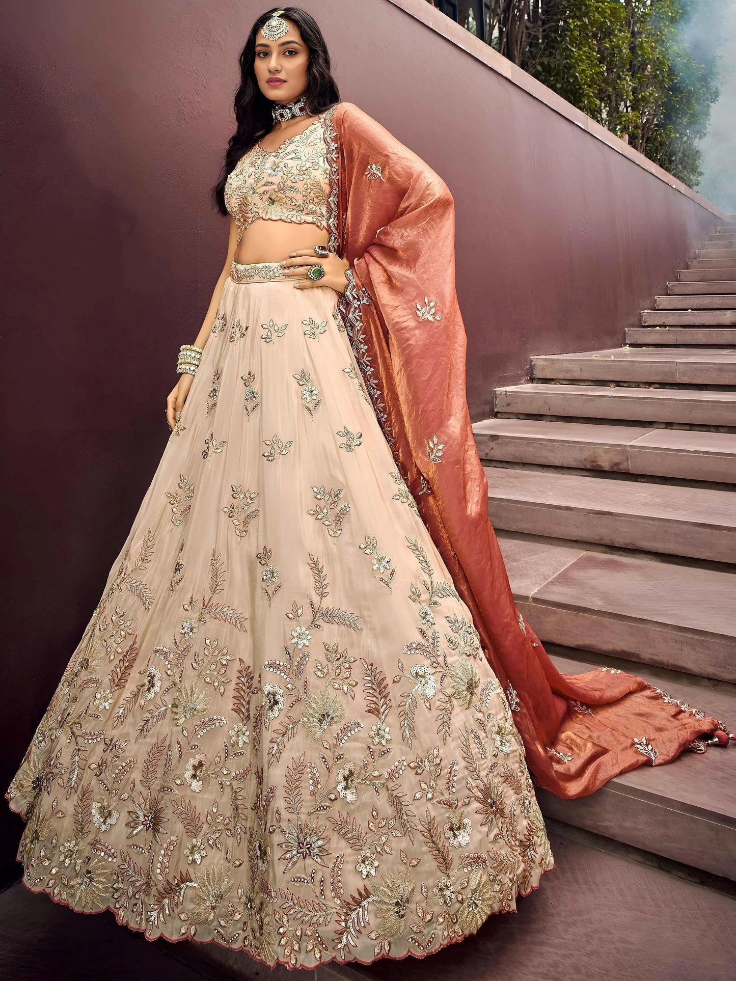 Precious Soft Beige Embroidered Silk Wedding Wear Lehenga Choli