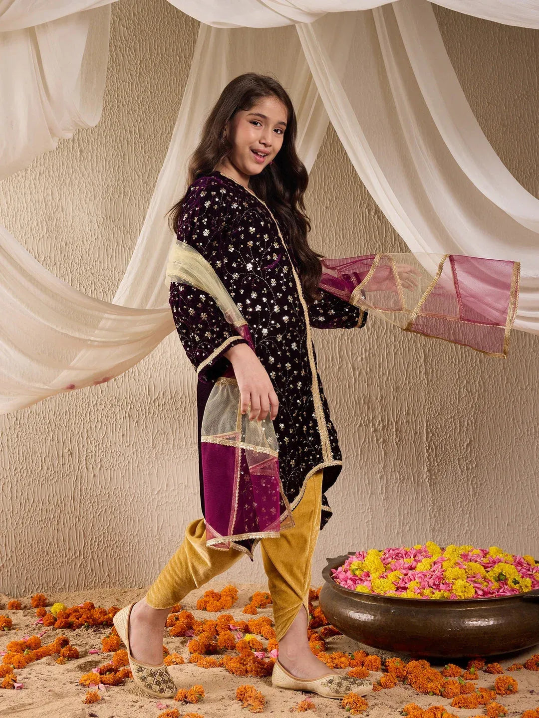 Girls Purple & Golden Embroidered Velvet A-Line Kurta & Dhoti With Dupatta