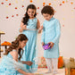 Boys Blue & White Printed Pure Cotton Straight Fit Kurta With Pyjamas & Nehru Jacket