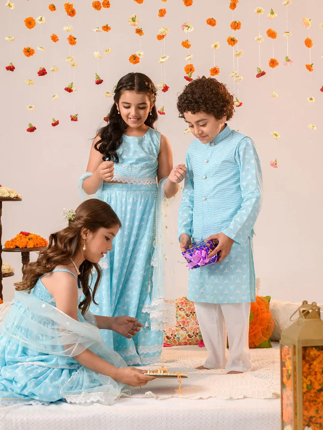 Boys Blue & White Printed Pure Cotton Straight Fit Kurta With Pyjamas & Nehru Jacket