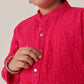 Boys Ethnic Magenta & White Embroidered Georgette Straight Fit Kurta Pyjama Set