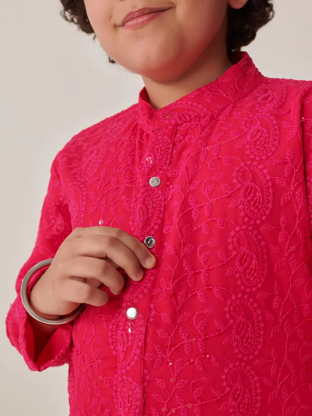 Boys Ethnic Magenta & White Embroidered Georgette Straight Fit Kurta Pyjama Set