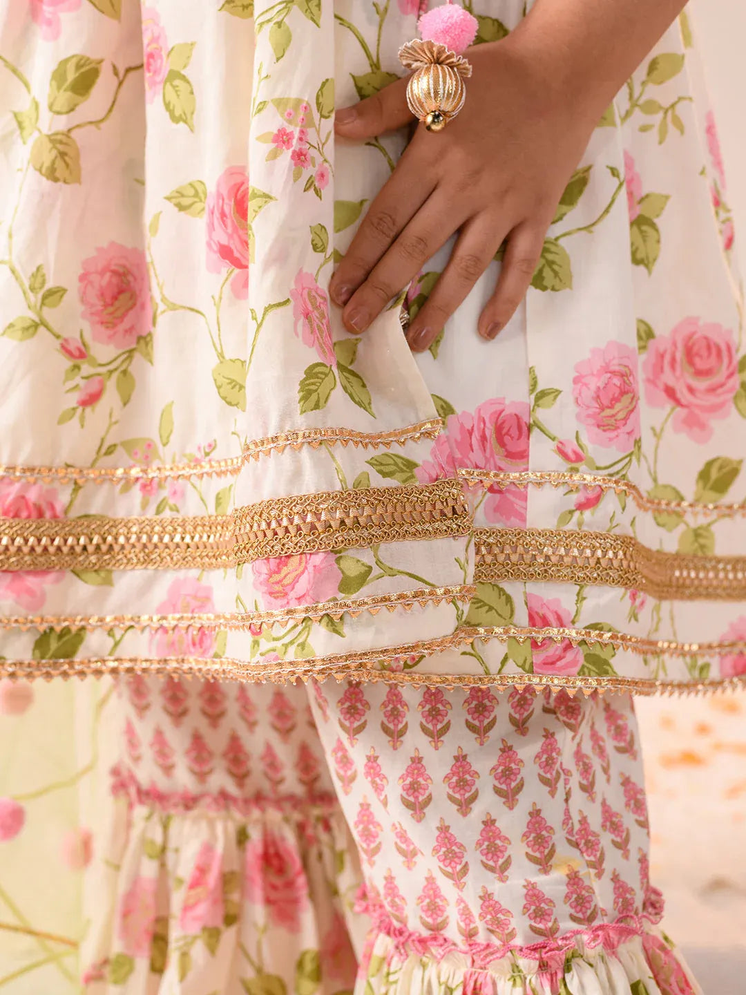 Girls Pink off white Floral Foil Printed Pure Cotton A-Line Kurta with Sharara & Dupatta
