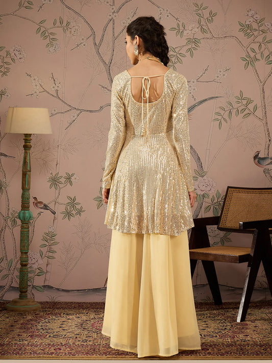 Women Gold Sequins Peplum Top With Flared Pants