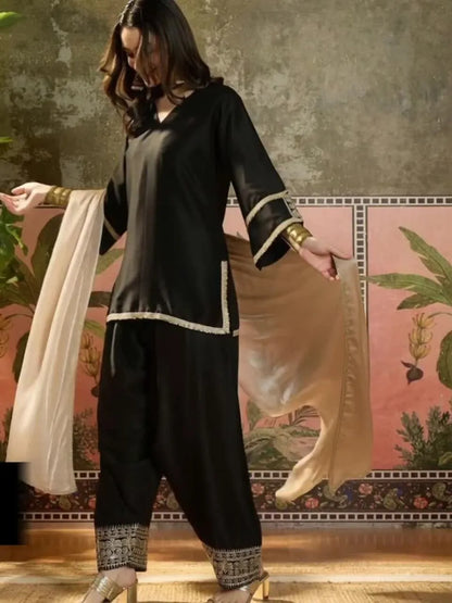 Women Cotton Embroidered Straight Kurta And Farshi Salwar With Dupatta Set