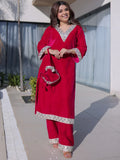 Crimson Red Velvet Embellished Kurta Pant Set with Potli Party & Festive Wear