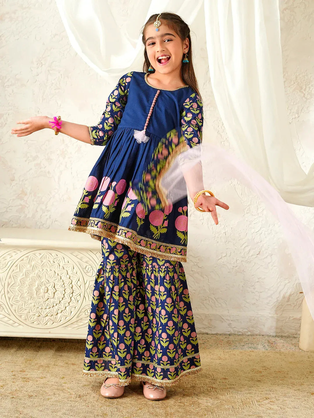 Girls Blue Ethnic Floral Print Cotton A-Line Kurta & Sharara With Dupatta