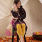 Girls Purple & Golden Embroidered Velvet A-Line Kurta & Dhoti With Dupatta