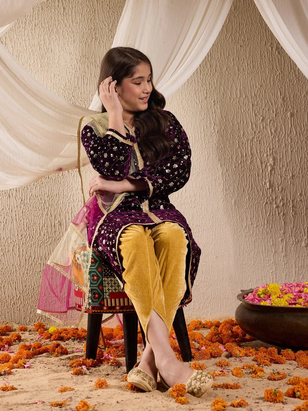 Girls Purple & Golden Embroidered Velvet A-Line Kurta & Dhoti With Dupatta