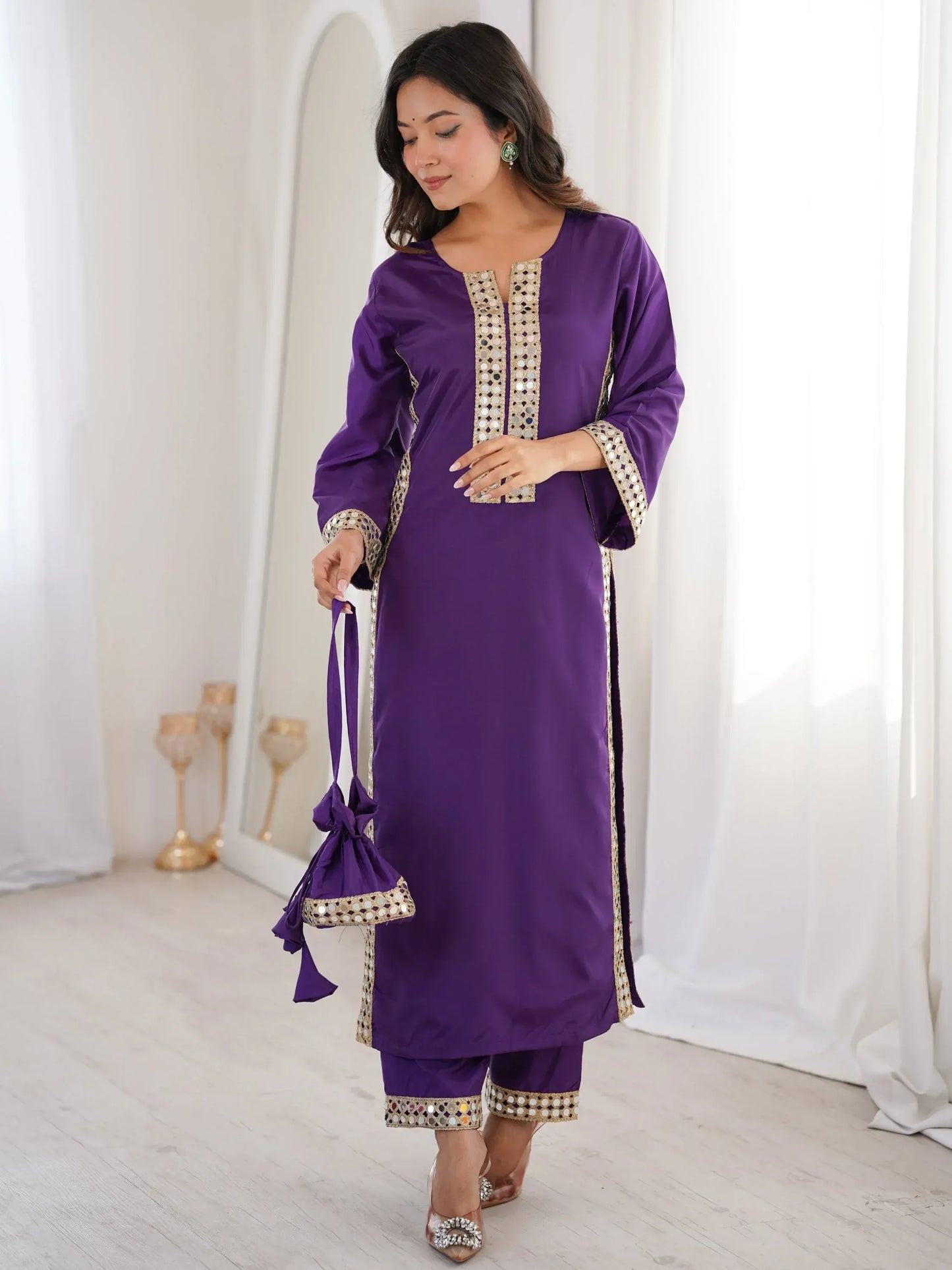 Stylish Mirror Laced Crepe Wedding Wear Kurti With Pant